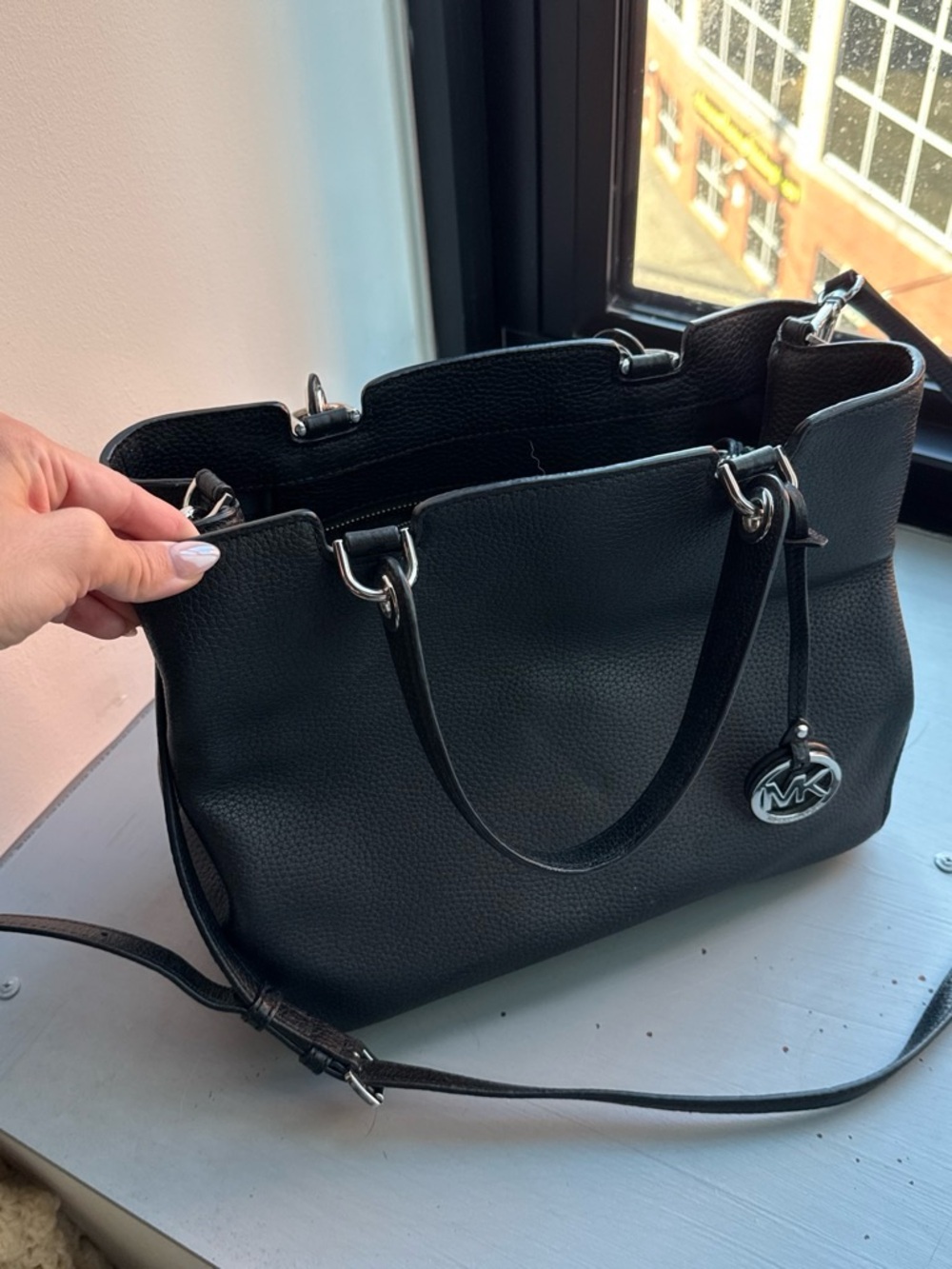 Michael Kors Black Pebbled Leather Shoulder Tote with MK Charm